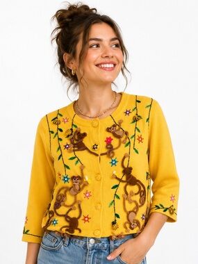 Jack B Quick 3D Monkey Novelty Beaded banana Pineapple Embroidered Cardigan sm